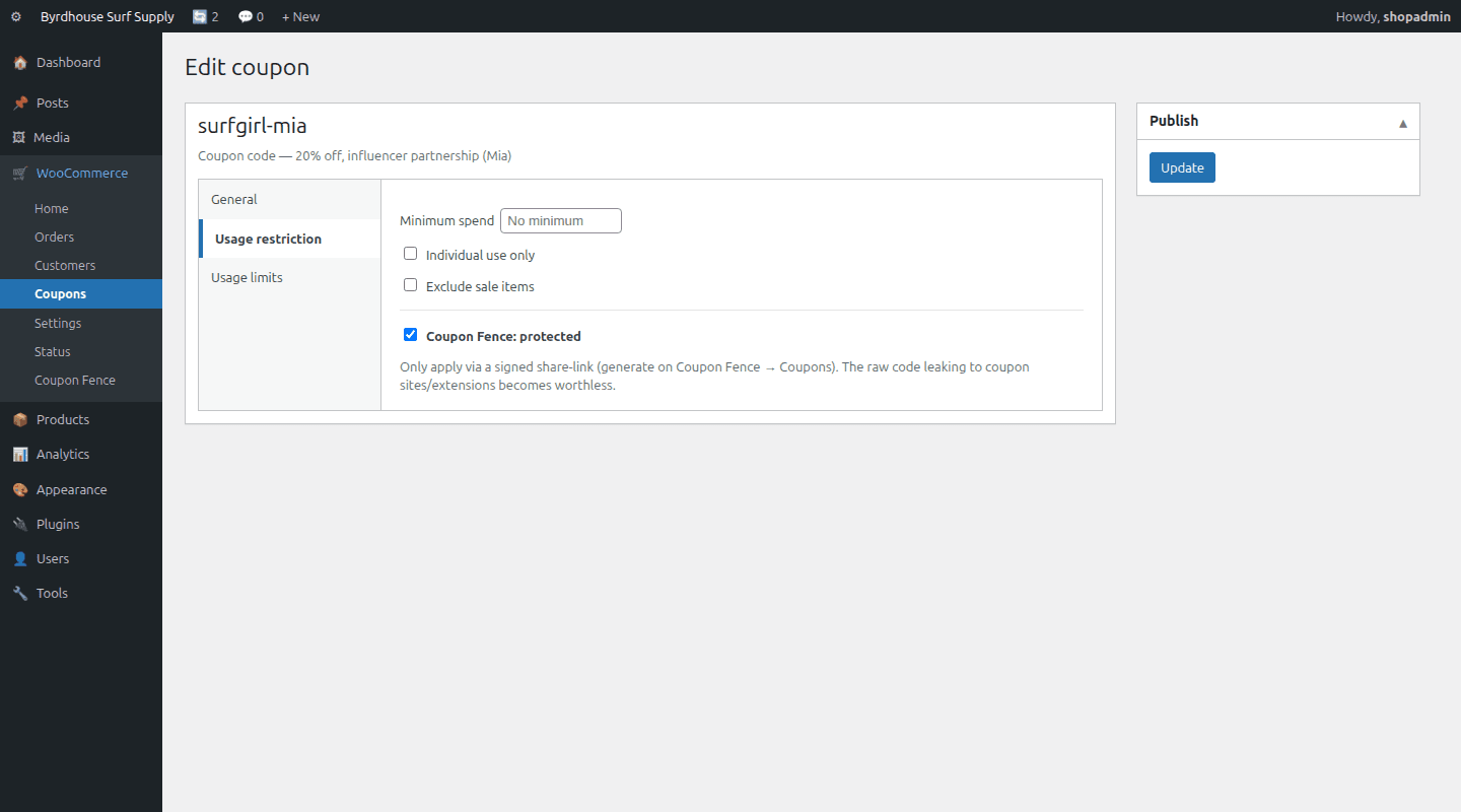 Coupon edit, One checkbox makes a coupon protected.