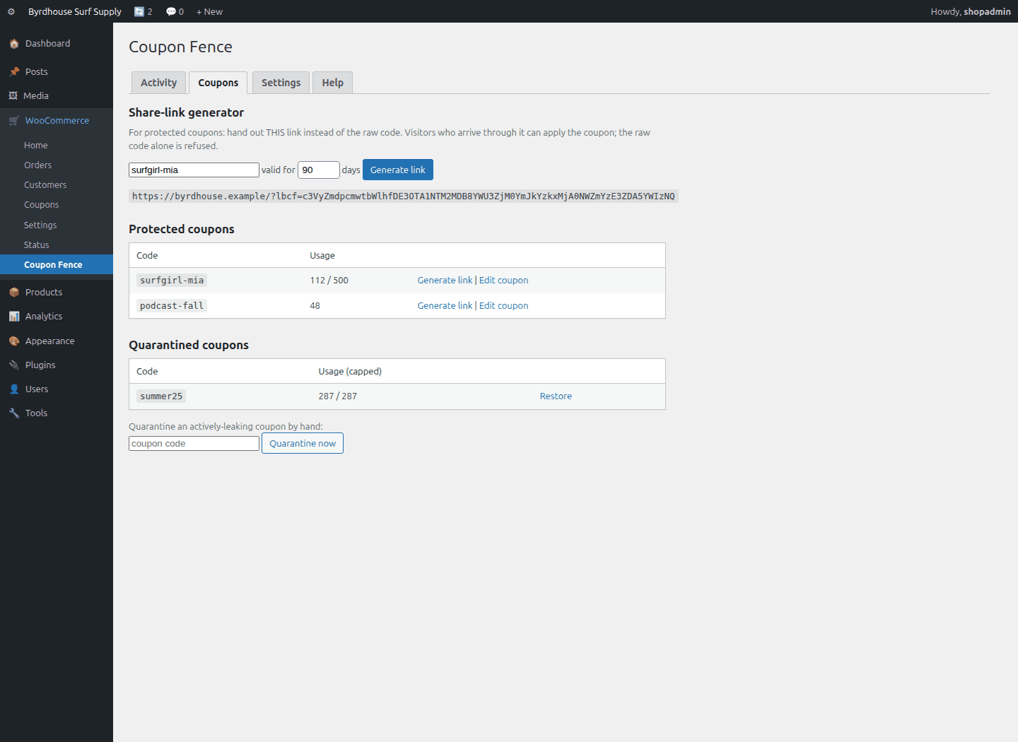 Coupons, Share-link generator, protected coupons, quarantine and restore.