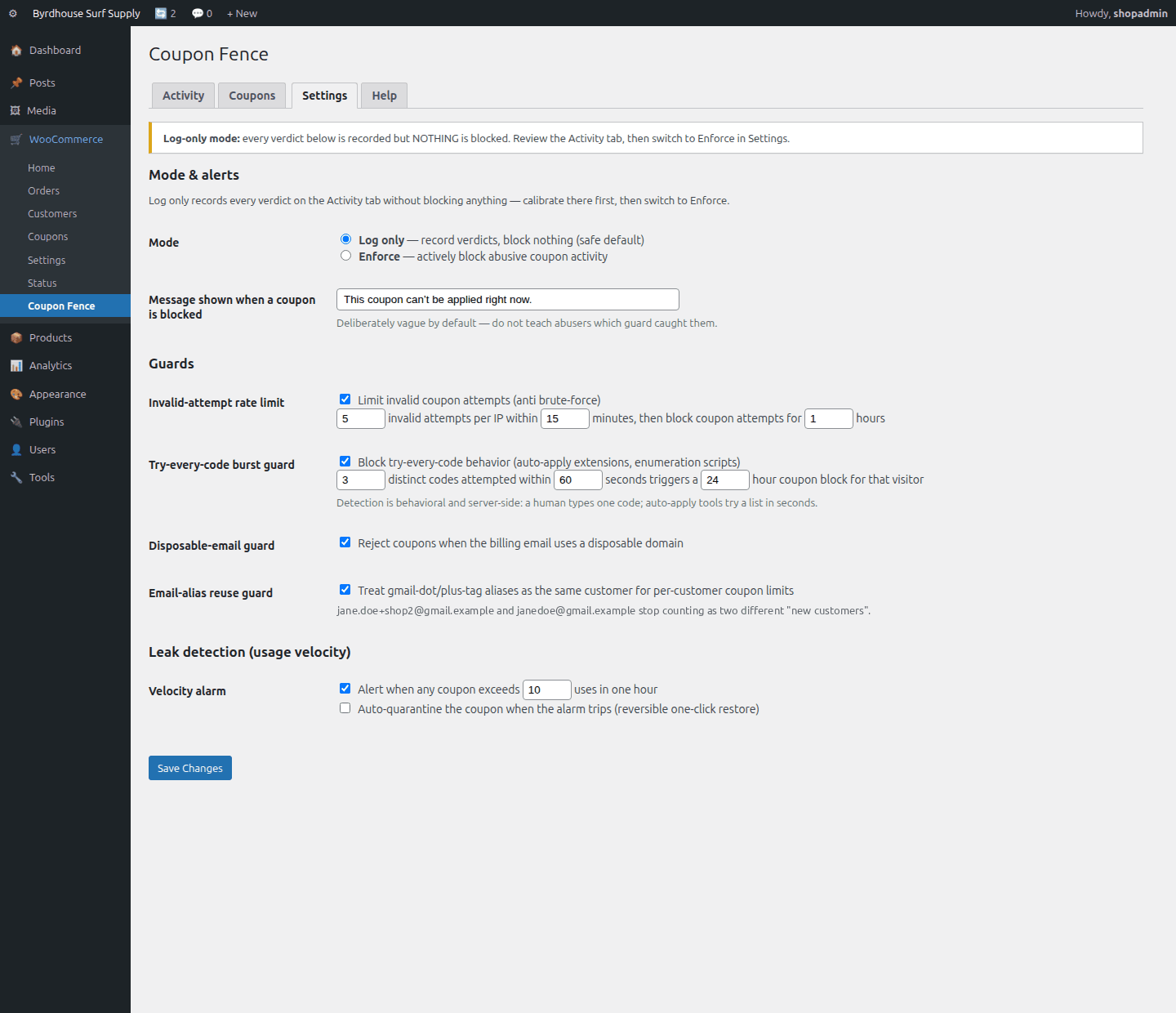 Settings, Mode switch and all five guards' thresholds.