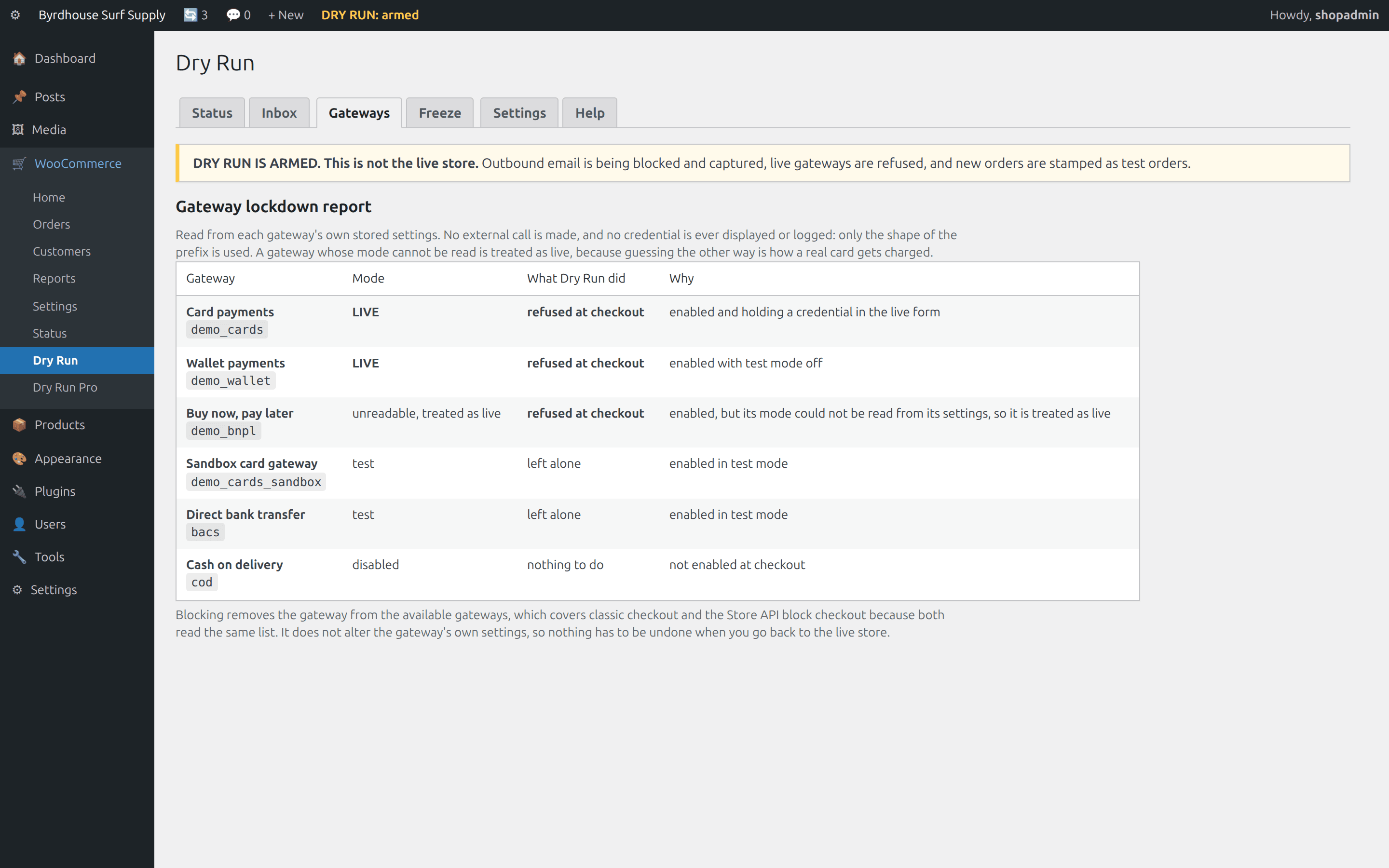 Gateways, Each gateway's mode, what Dry Run did, and why. Unreadable is treated as live.