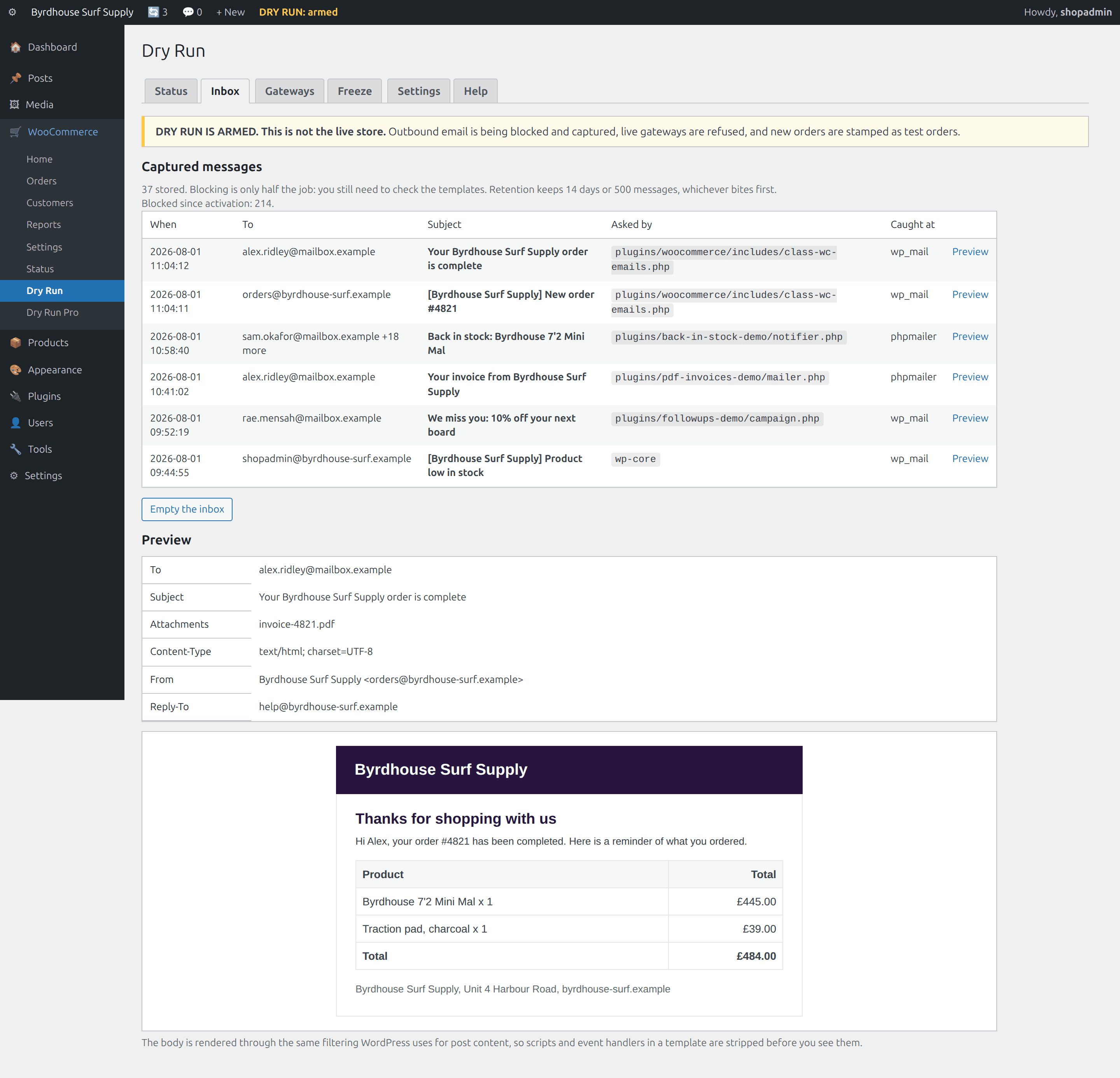 Inbox, Blocked messages with a preview open: recipients, headers, rendered body.
