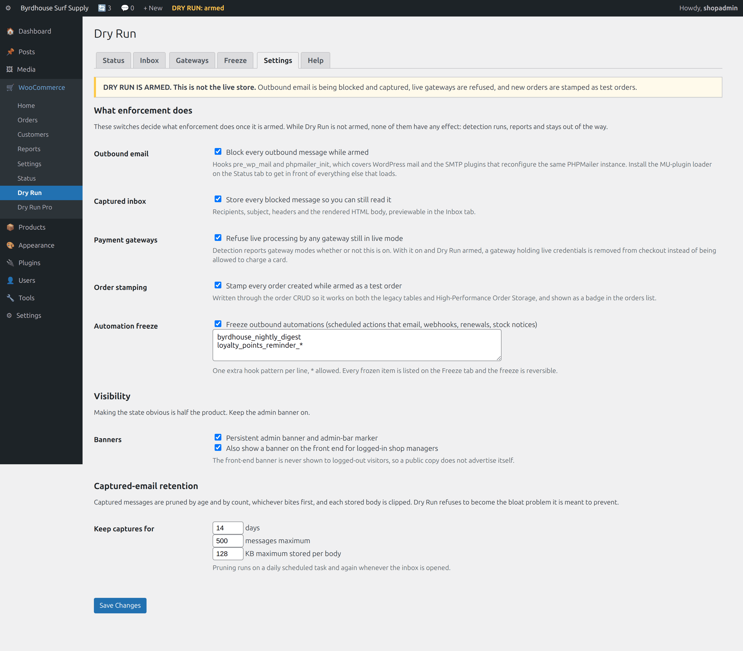 Settings, What enforcement does, visibility, and captured-email retention.
