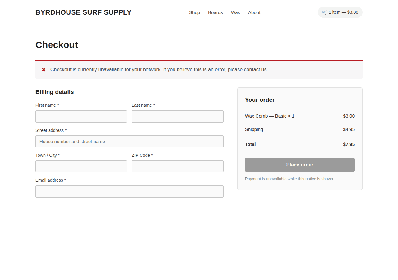 What a banned IP sees, Your configurable message on checkout, no order, no gateway call.