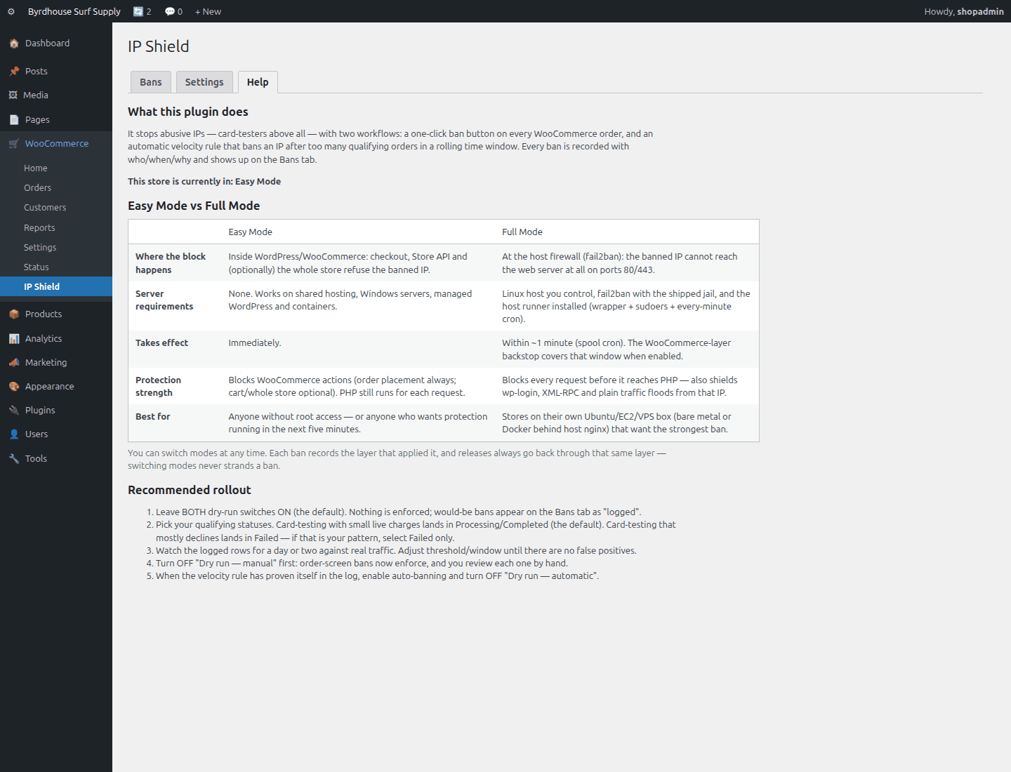 Help tab, Mode comparison, rollout guidance and safe testing recipes, inside wp-admin.