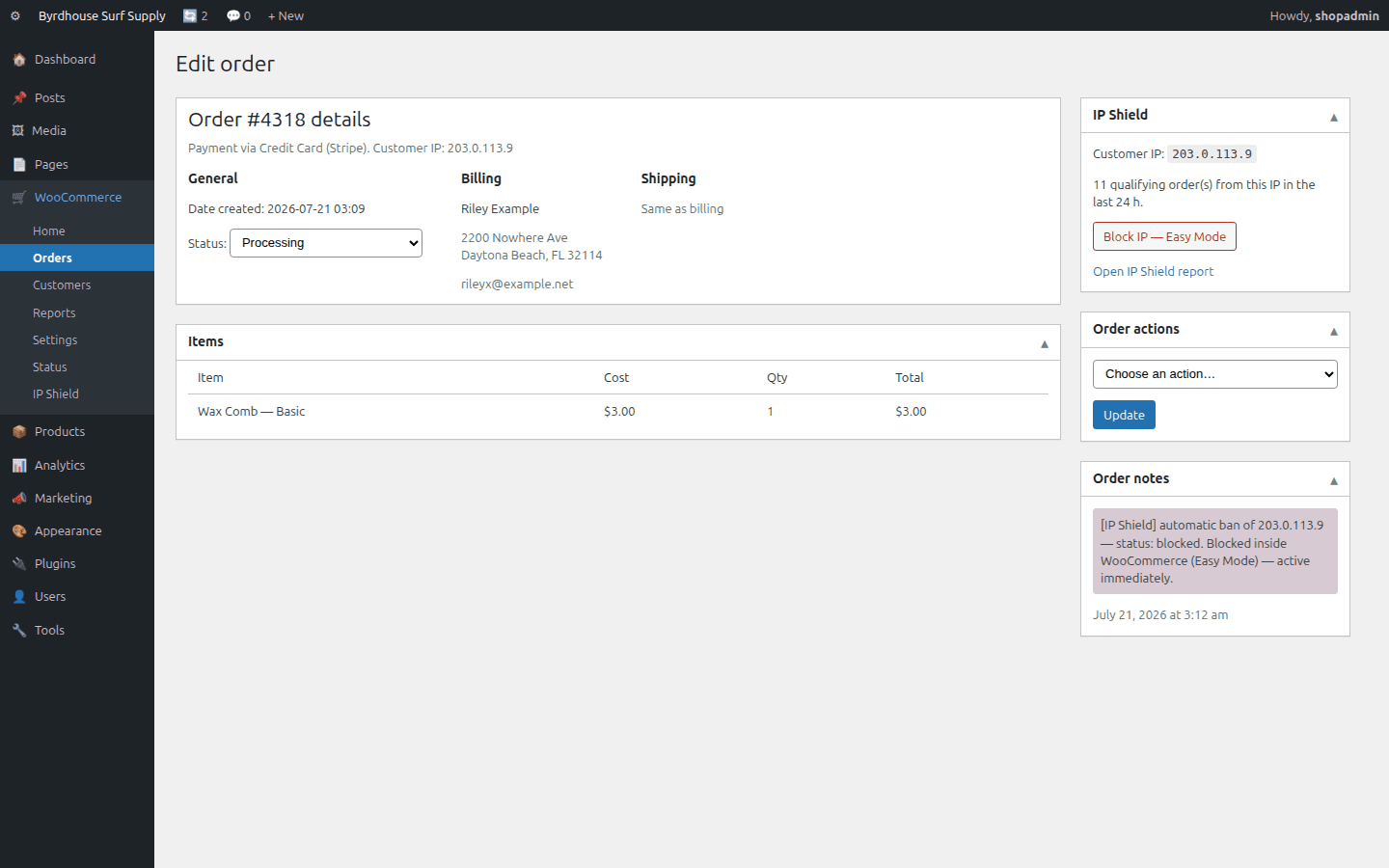 Order screen, Customer IP, velocity context, ban state and the one-click ban button.