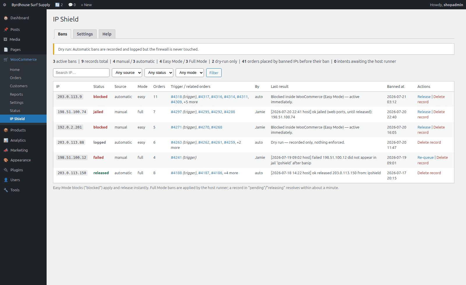 Report, Aggregate stats plus per-ban records with source, mode, related orders and actions.
