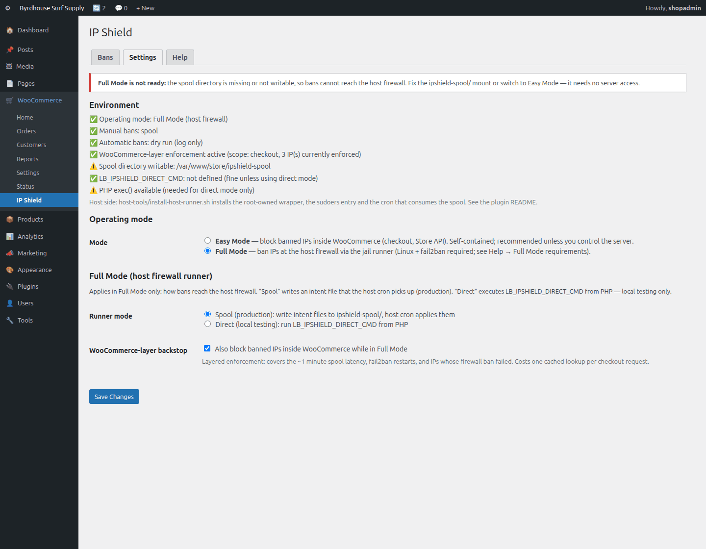 Full Mode readiness, Environment panel and the loud warning when the host runner isn't installed.
