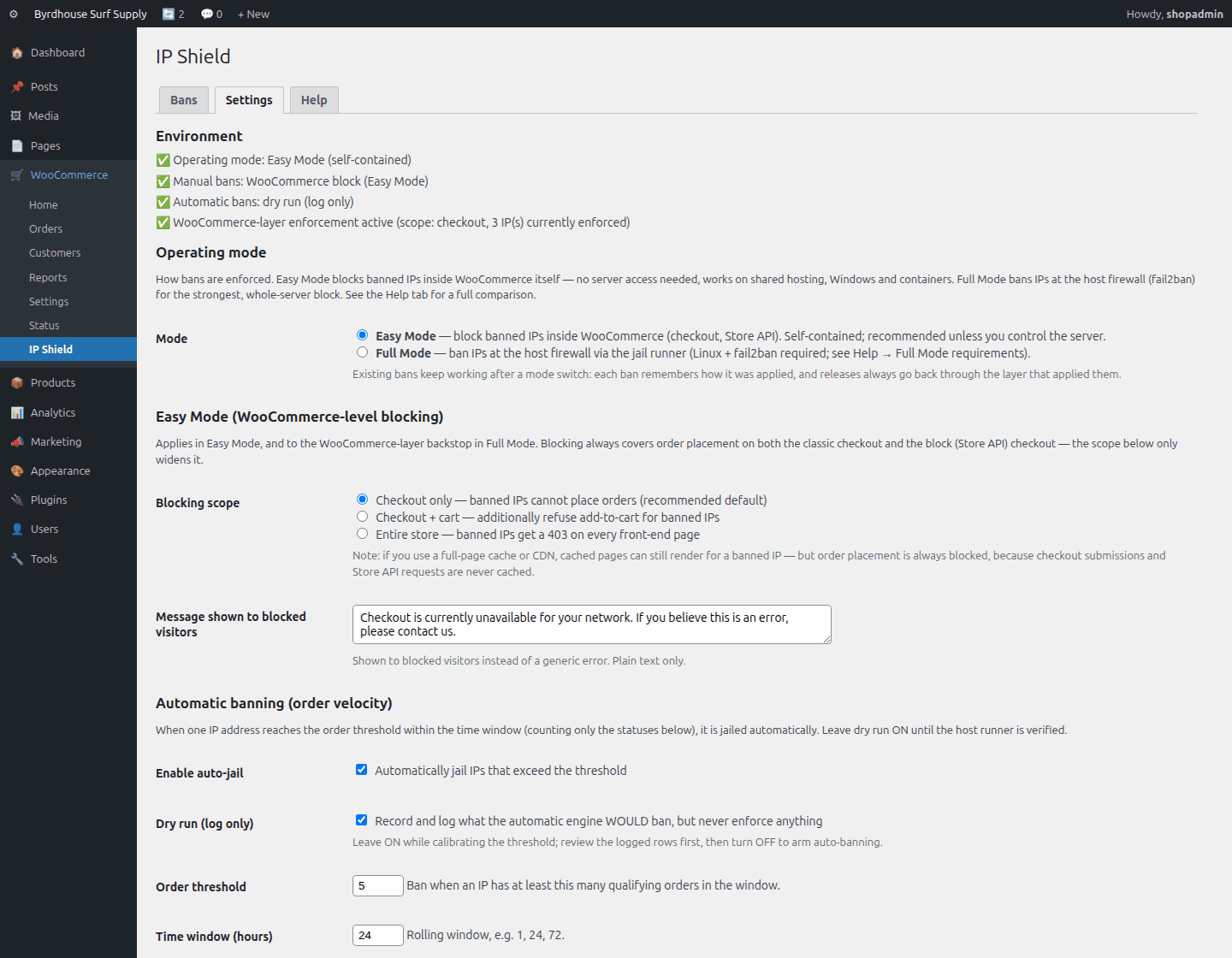 Settings, operating mode