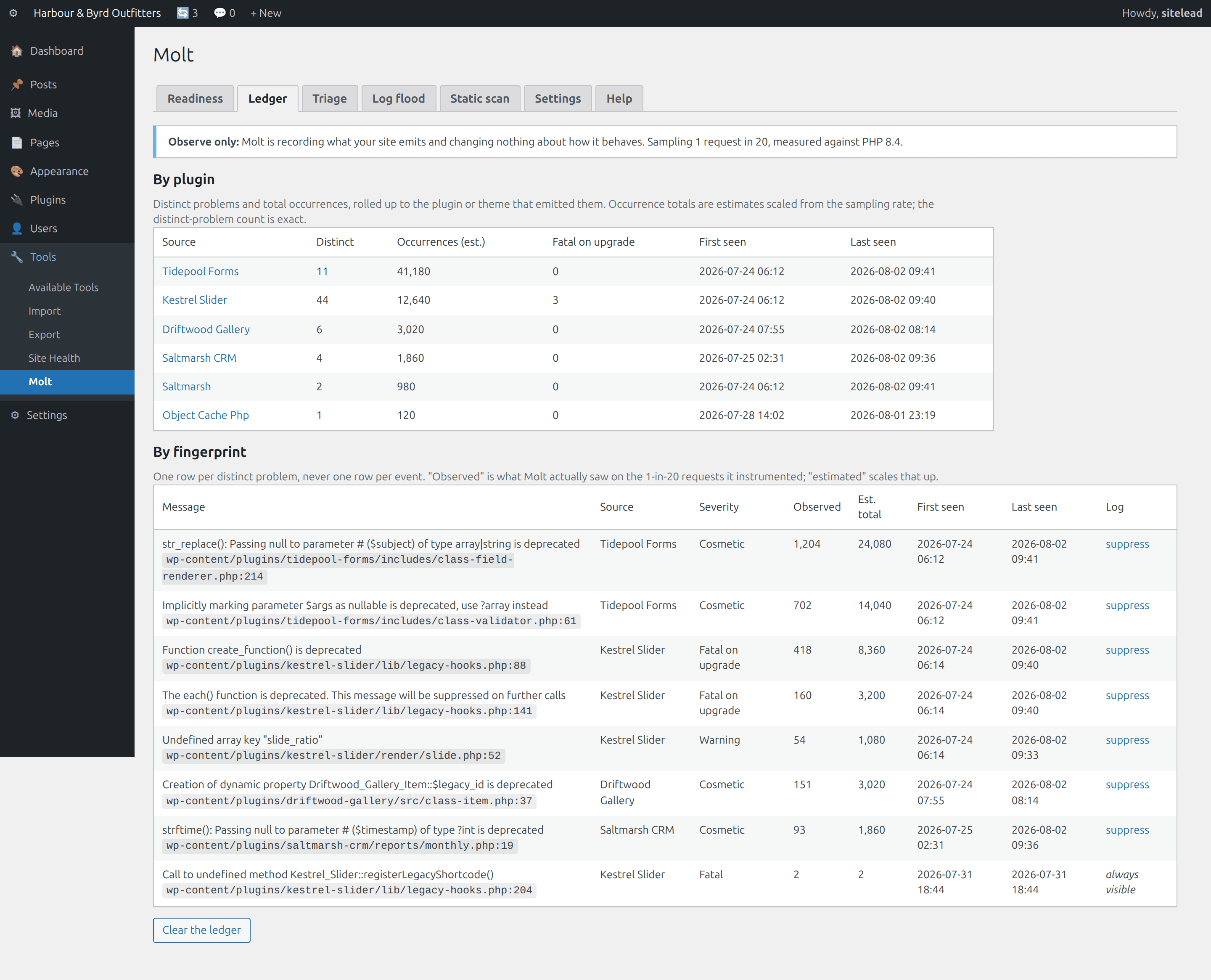 Ledger, Rolled up by plugin, then one row per fingerprint with counts and first and last seen.