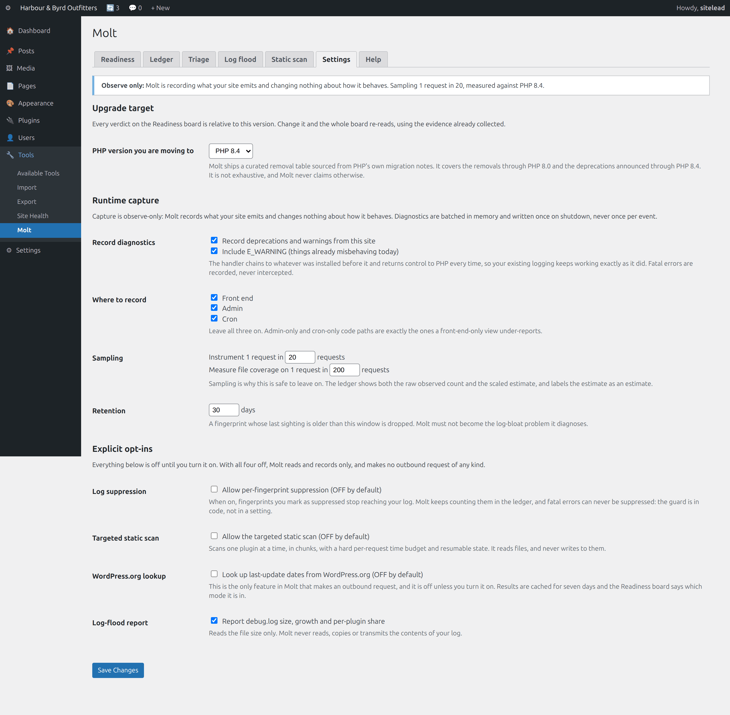 Settings, Target version, sampling, retention, and four opt-ins that all ship off.