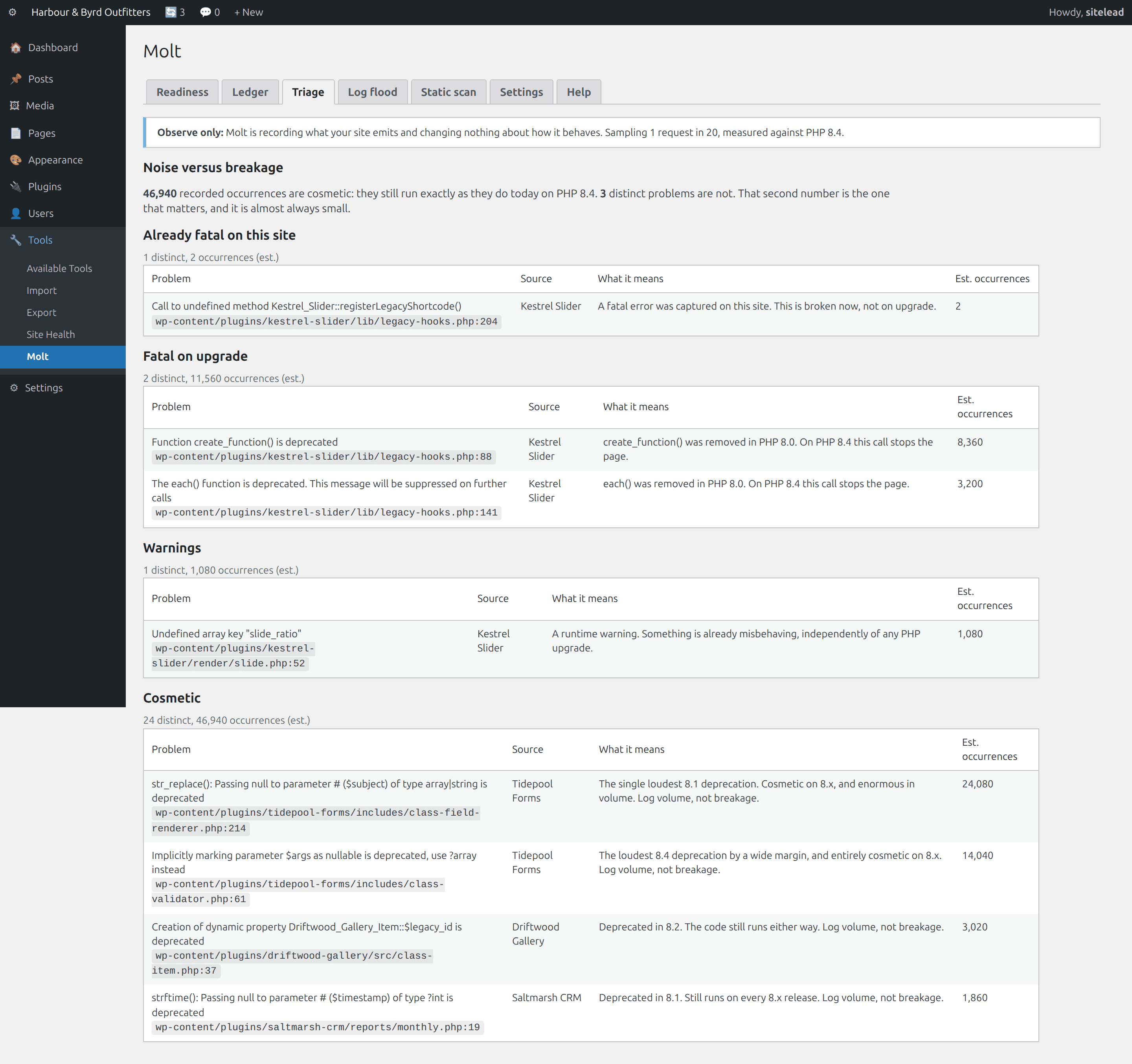 Triage, Cosmetic separated from fatal-on-upgrade, with the reason spelled out for each.