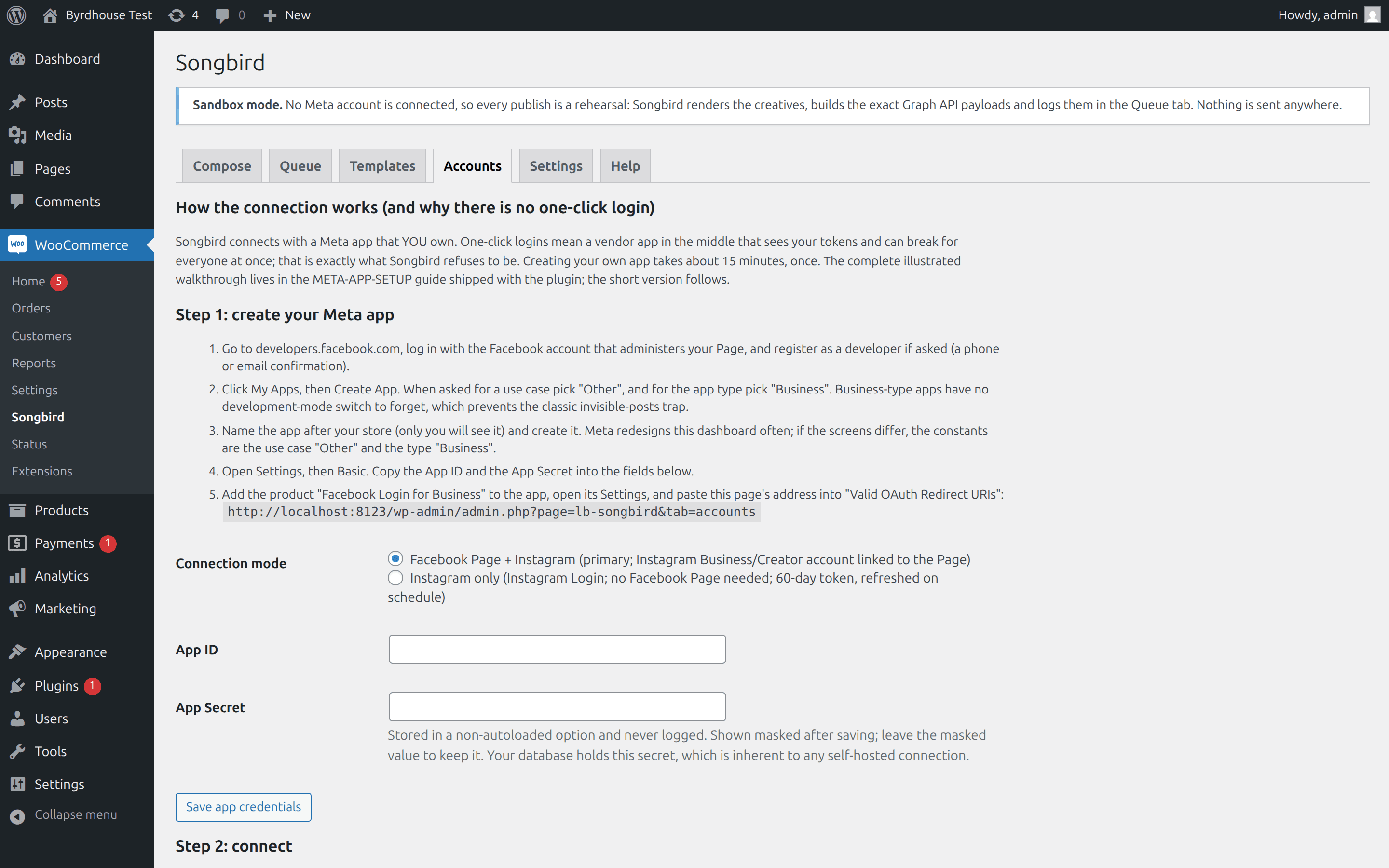 Accounts, The own-app wizard, step by step, with the token health panel below.