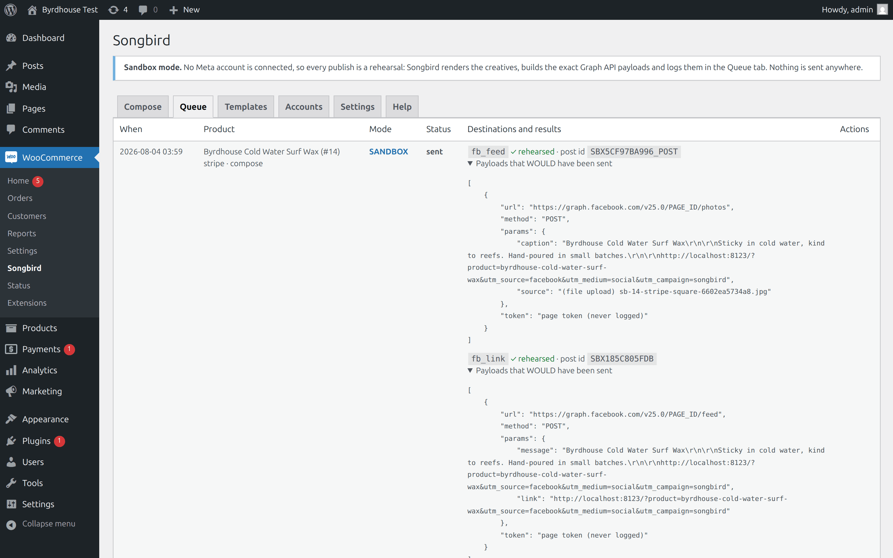 Queue, Sandbox rehearsals with the exact Graph API payloads; live entries carry post IDs and raw errors.