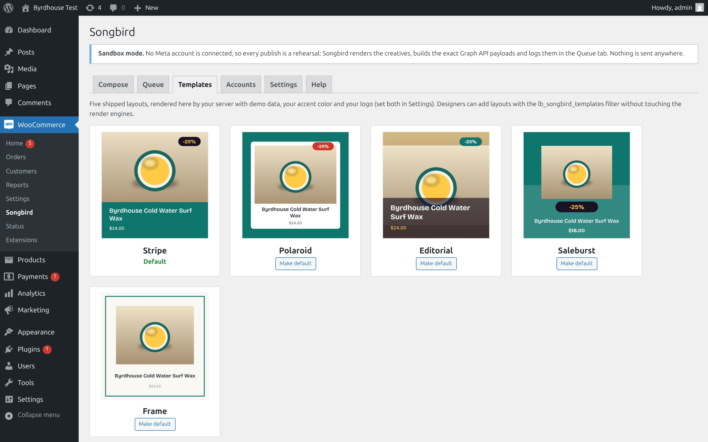 Templates, Five layouts rendered by your server with your accent color and logo.