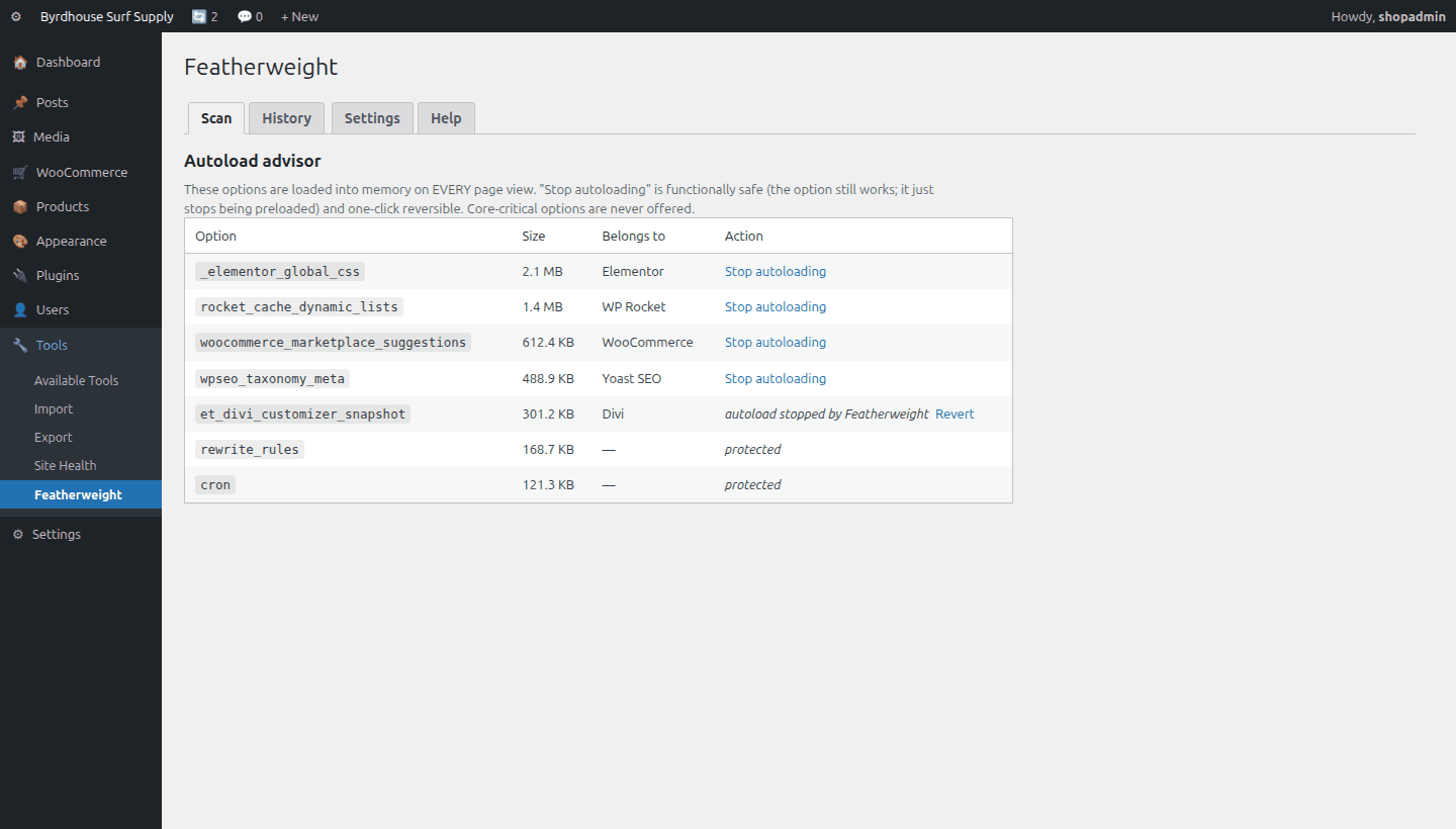 Autoload advisor, Heaviest always-loaded options, identified, with reversible stop-autoloading.