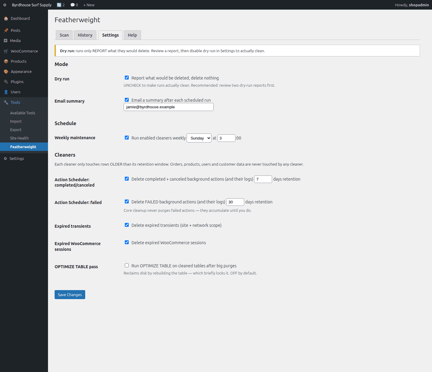 Settings, Dry-run switch, weekly schedule, per-cleaner retention windows.