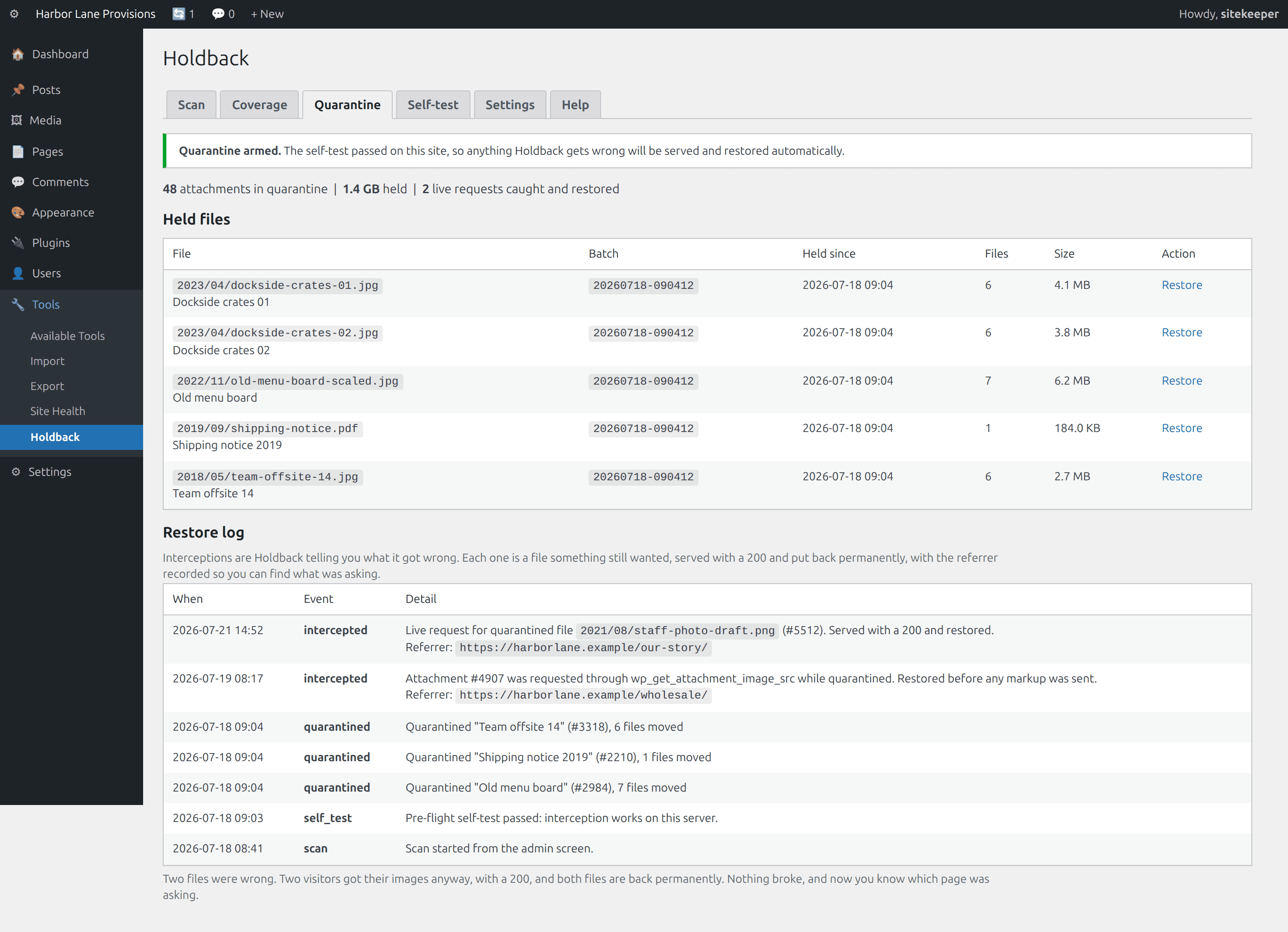 Quarantine, Held files, and a restore log showing a file auto-restored after a live request, with its referrer.