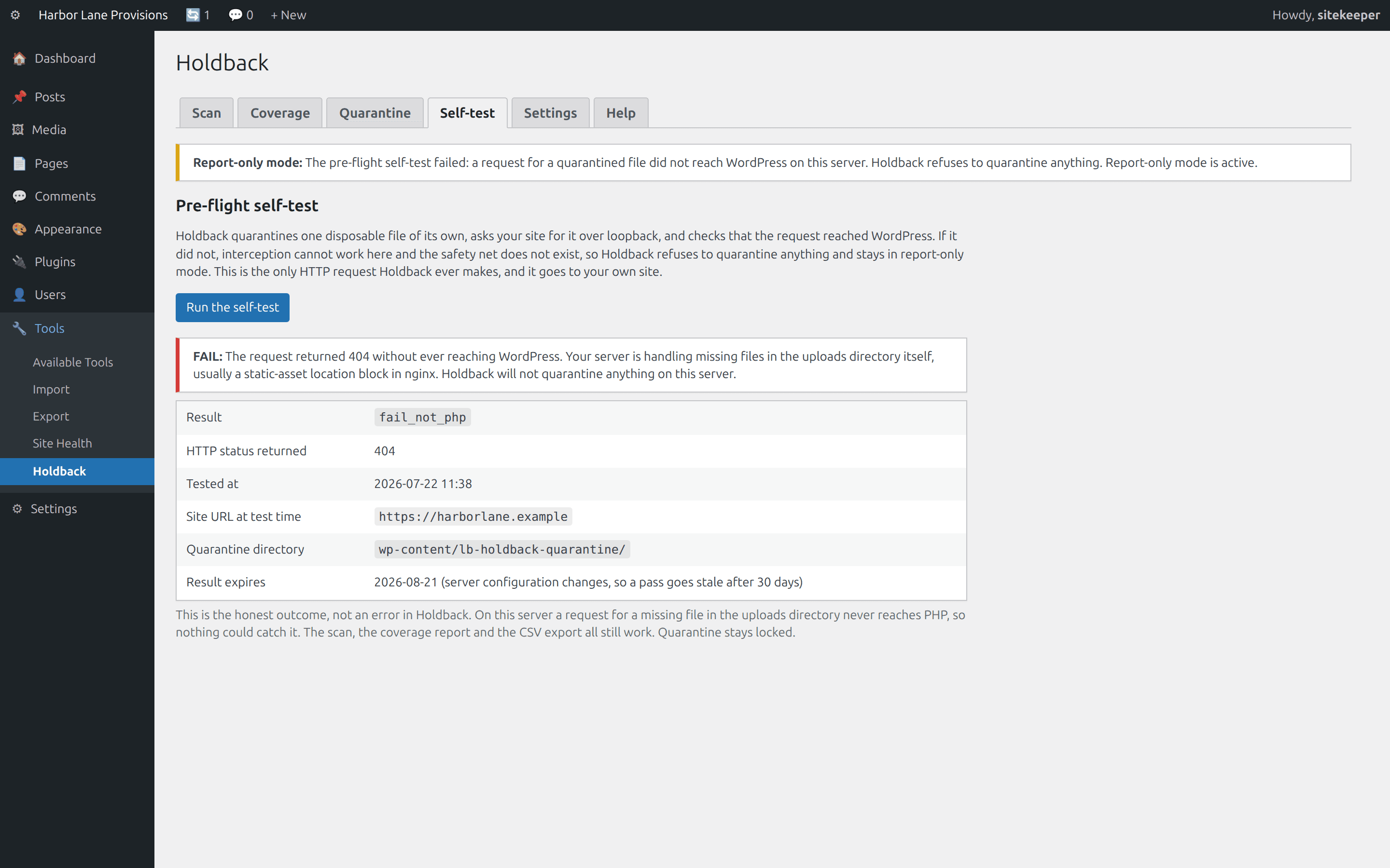 Self-test, A genuine failure: the server answered without reaching WordPress, so quarantine stays locked.