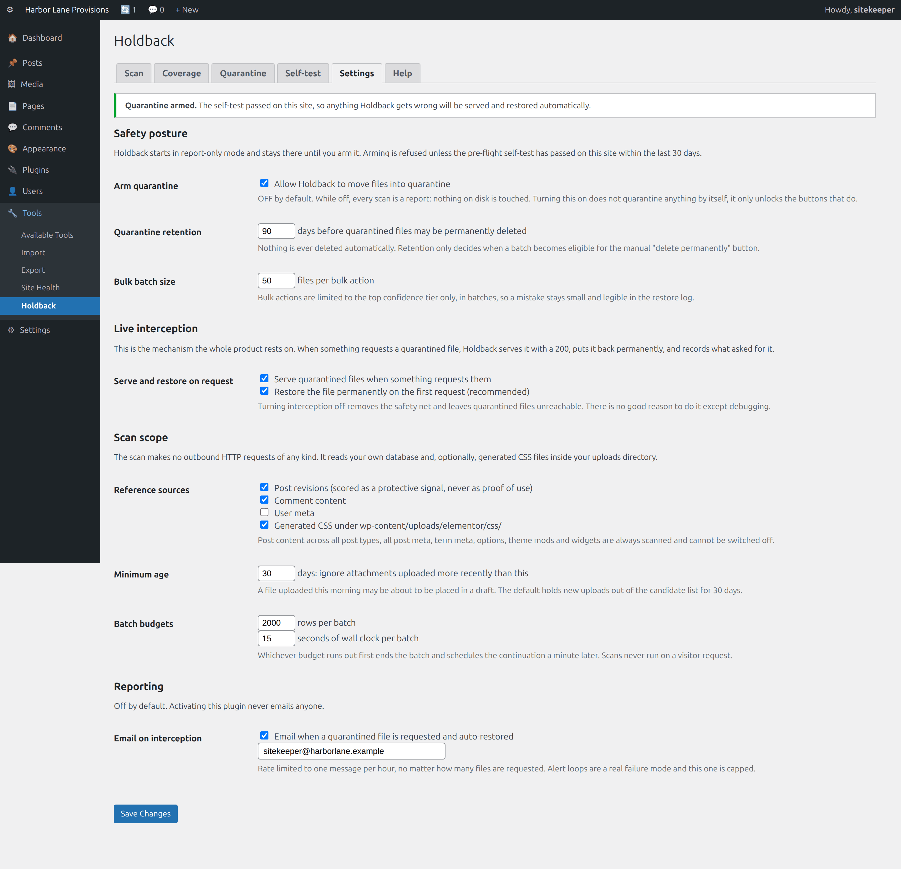 Settings, Arming, retention, interception, scan scope and batch budgets.