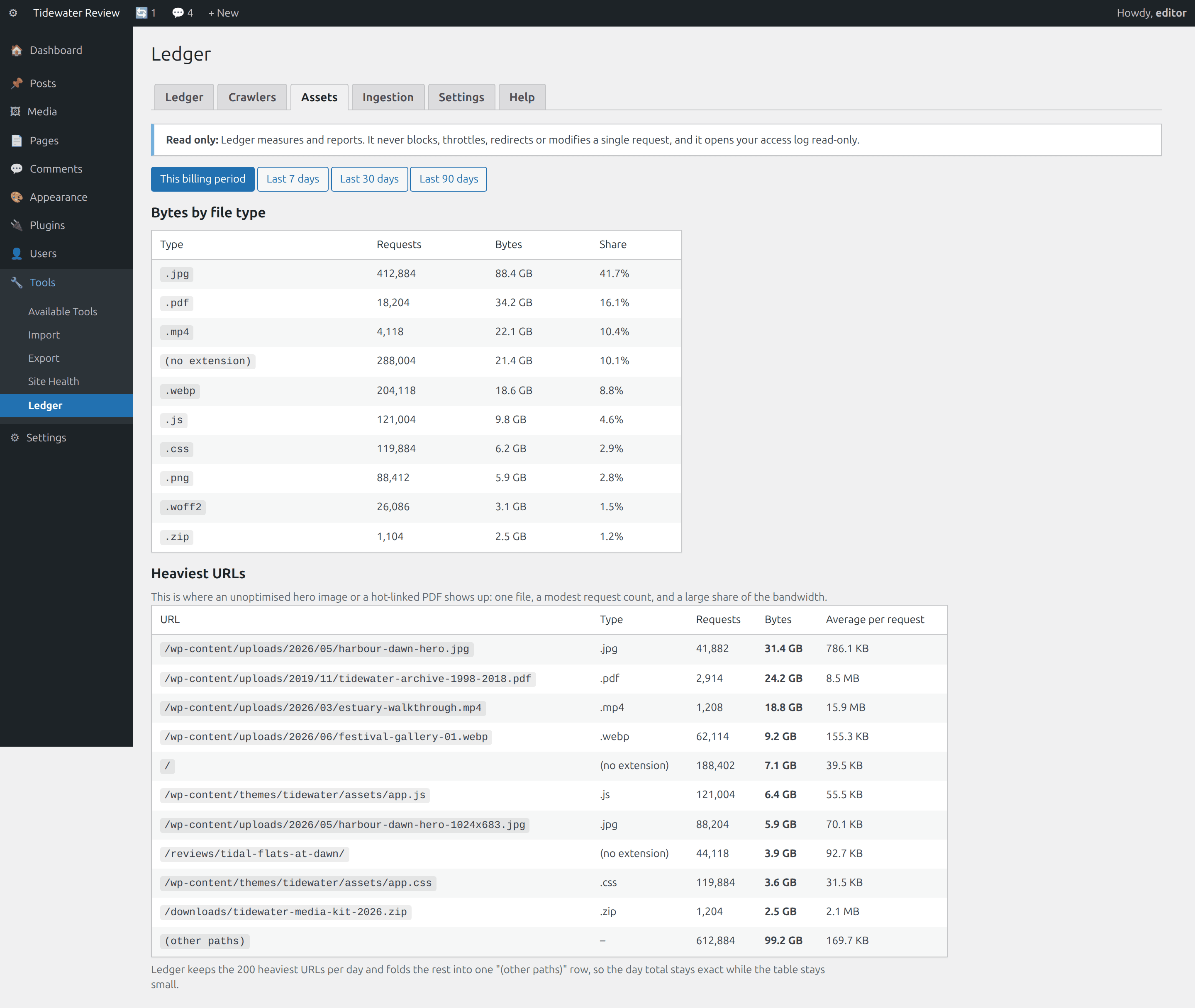 Assets, Bytes by file type, then the heaviest URLs with an average per request that exposes one oversized file.