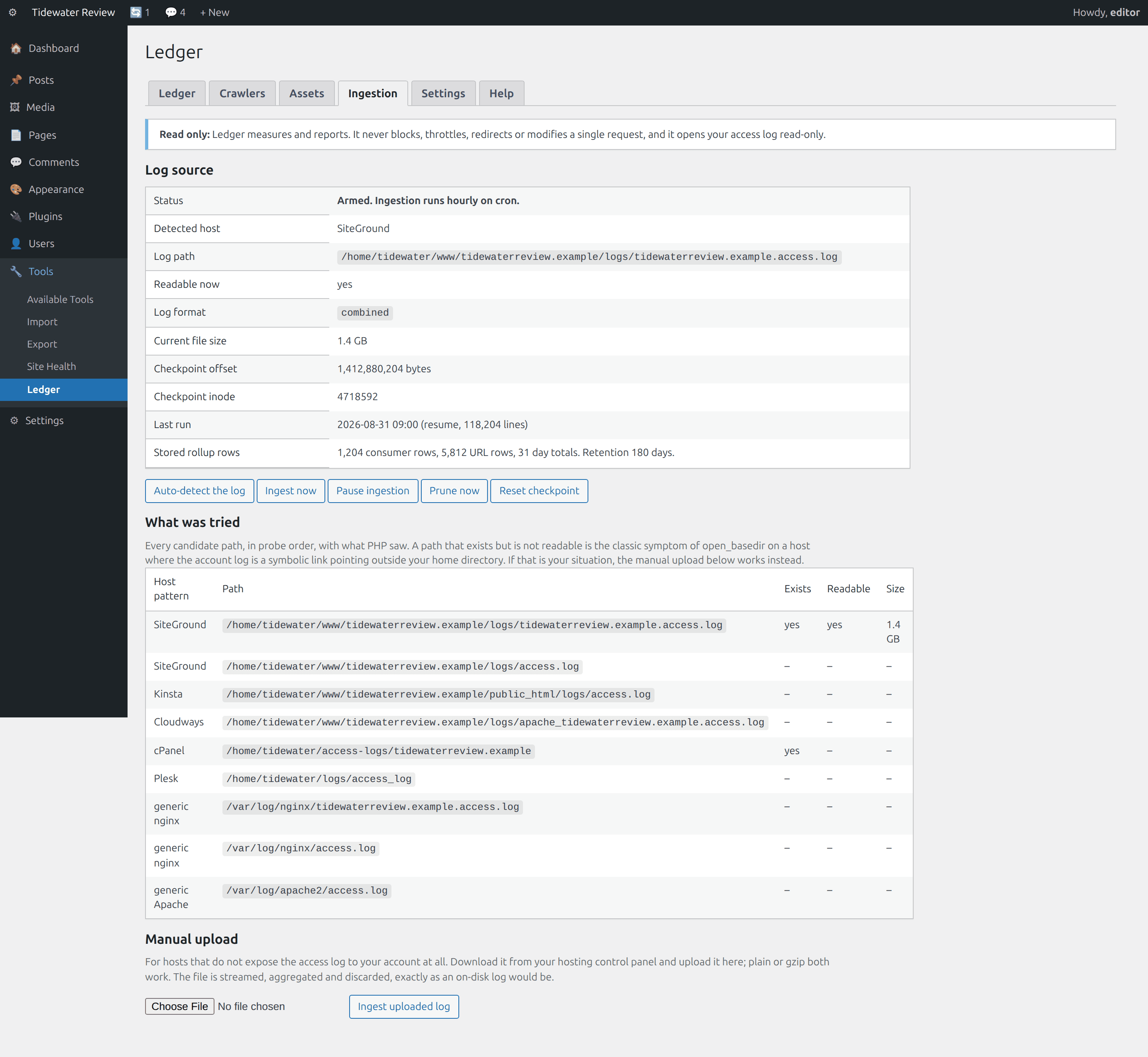 Ingestion, Detected host and path, checkpoint offset and inode, stored row counts, and the full probe table.
