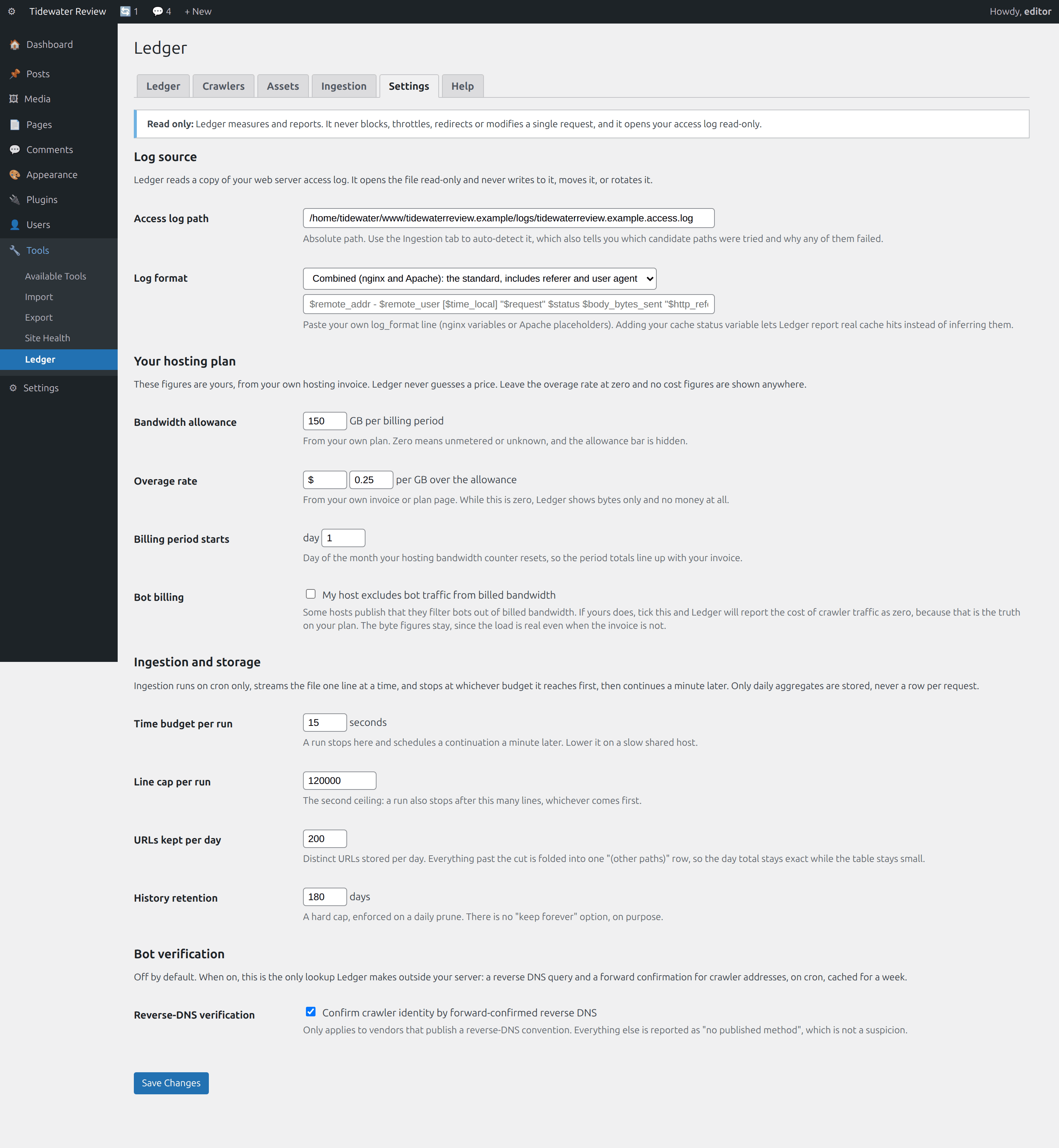 Settings, Your own plan allowance and overage rate, the bot-billing switch, the budgets and the retention cap.