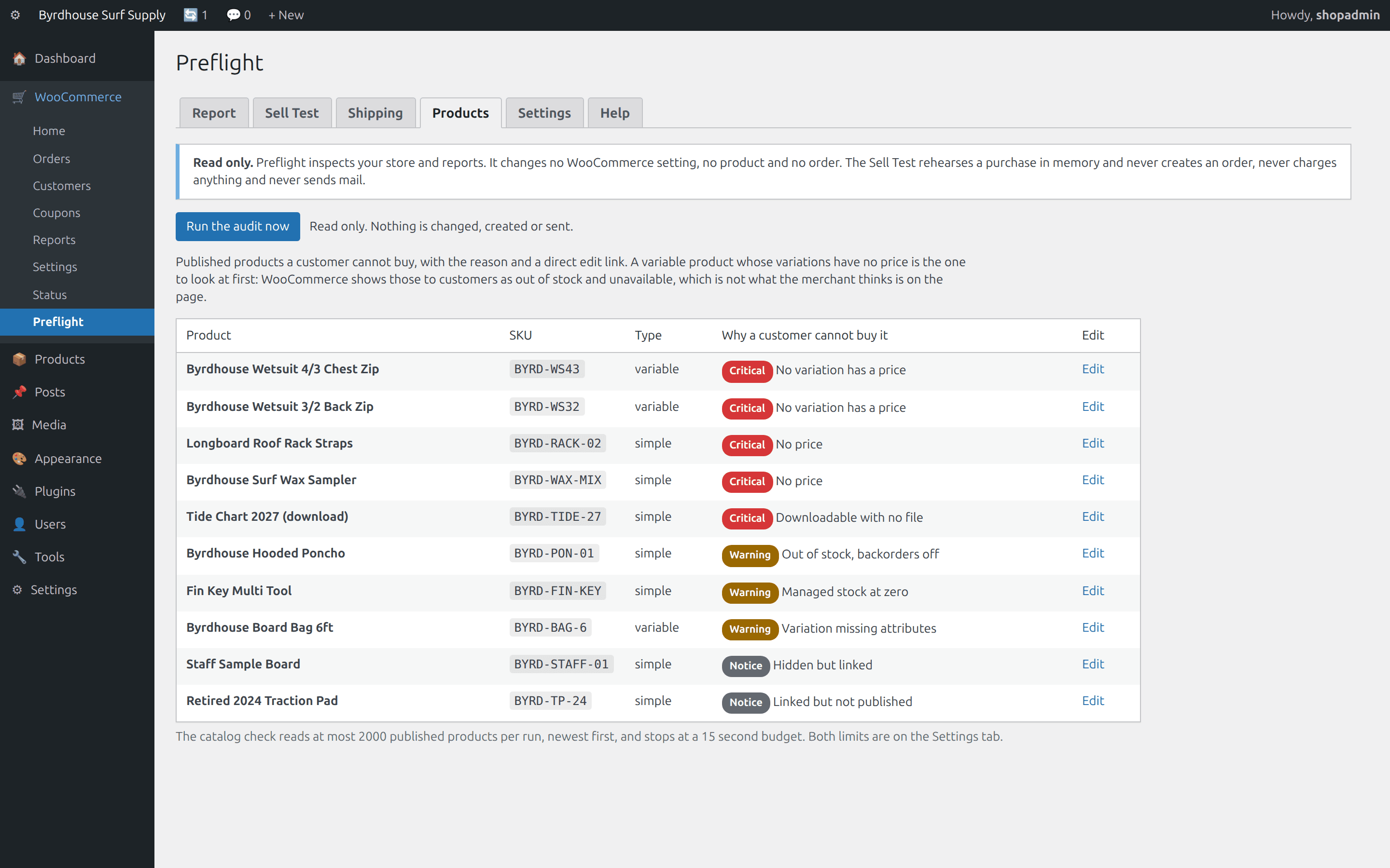 Unpurchasable products, The reason per product, and a direct edit link.