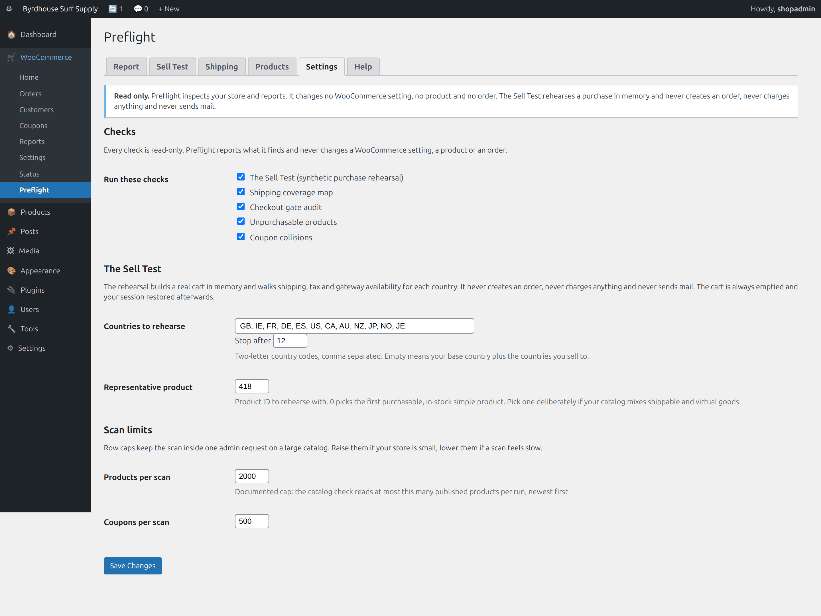 Settings, Which checks to run, which countries to rehearse, and the documented scan caps.
