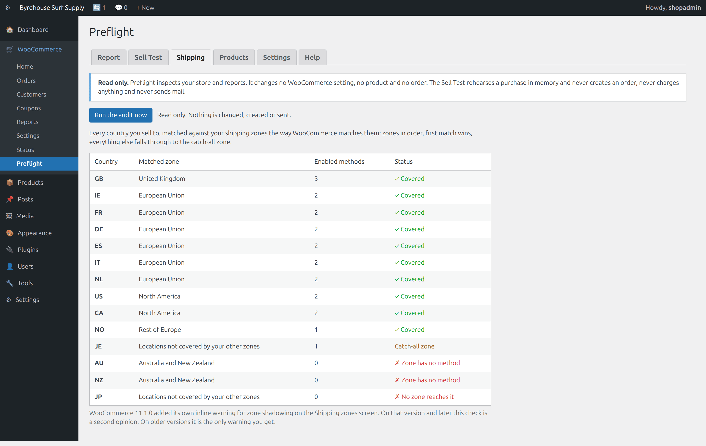 Shipping coverage, Every country matched against the zone WooCommerce would actually use.