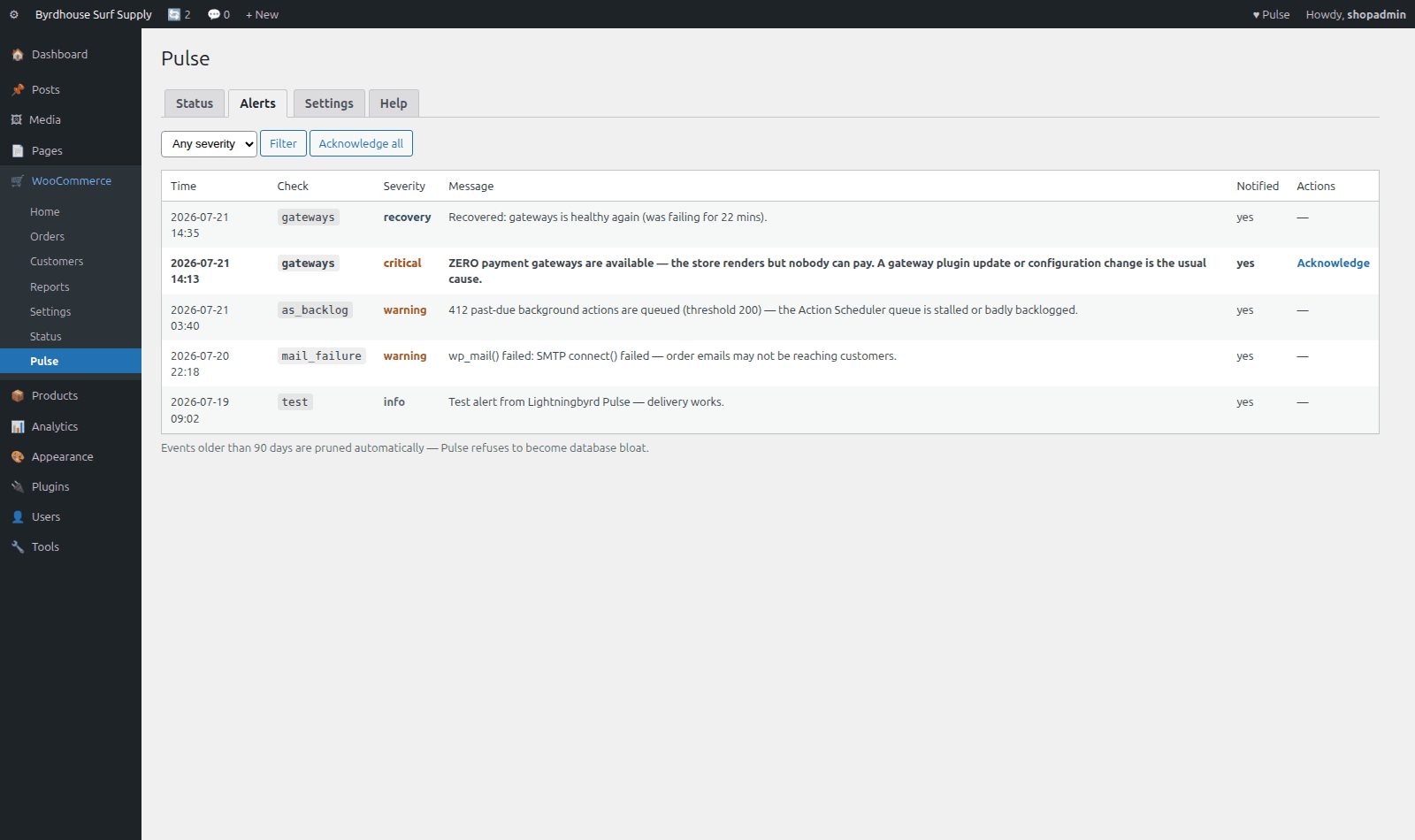 Alerts, Every event recorded, severity, notification state, acknowledge workflow.