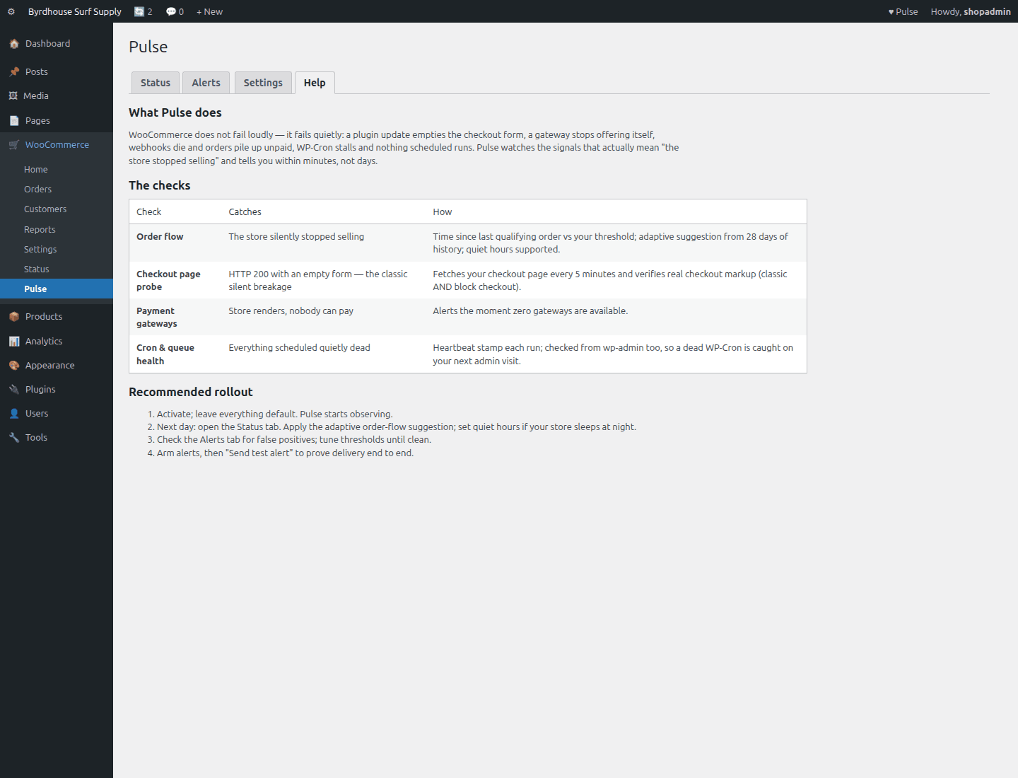 Help, The manual lives inside the plugin, checks, rollout, honest limits.