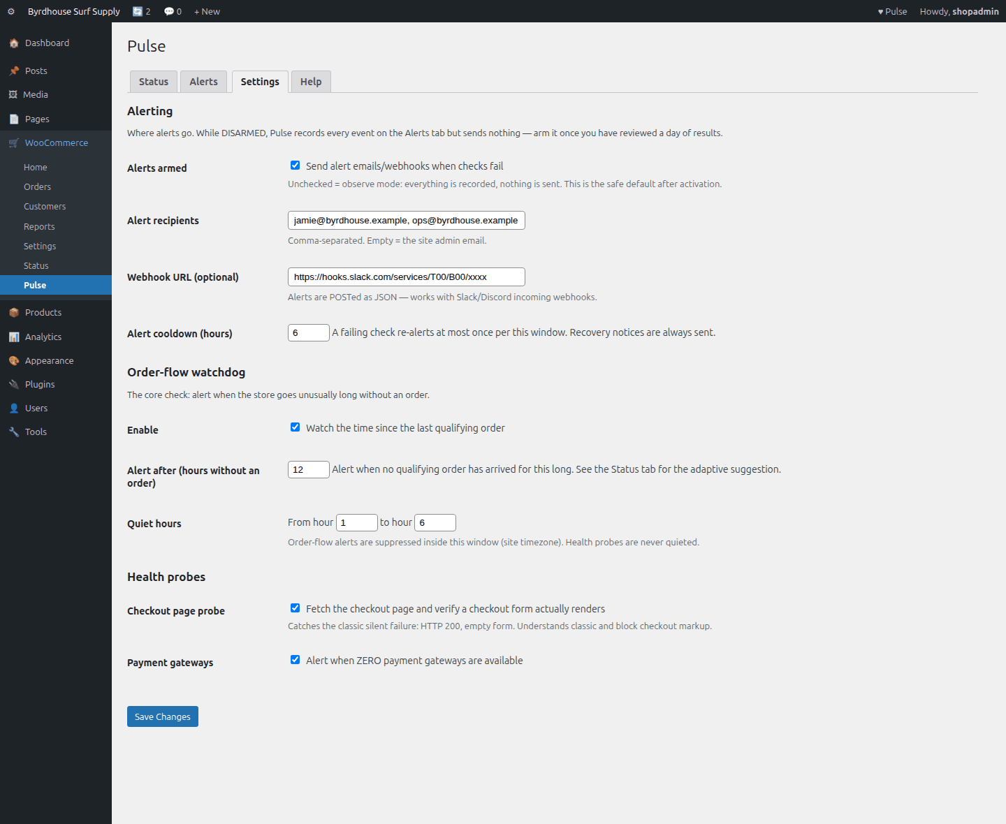 Settings, Arming switch, recipients/webhook, and every check's thresholds.