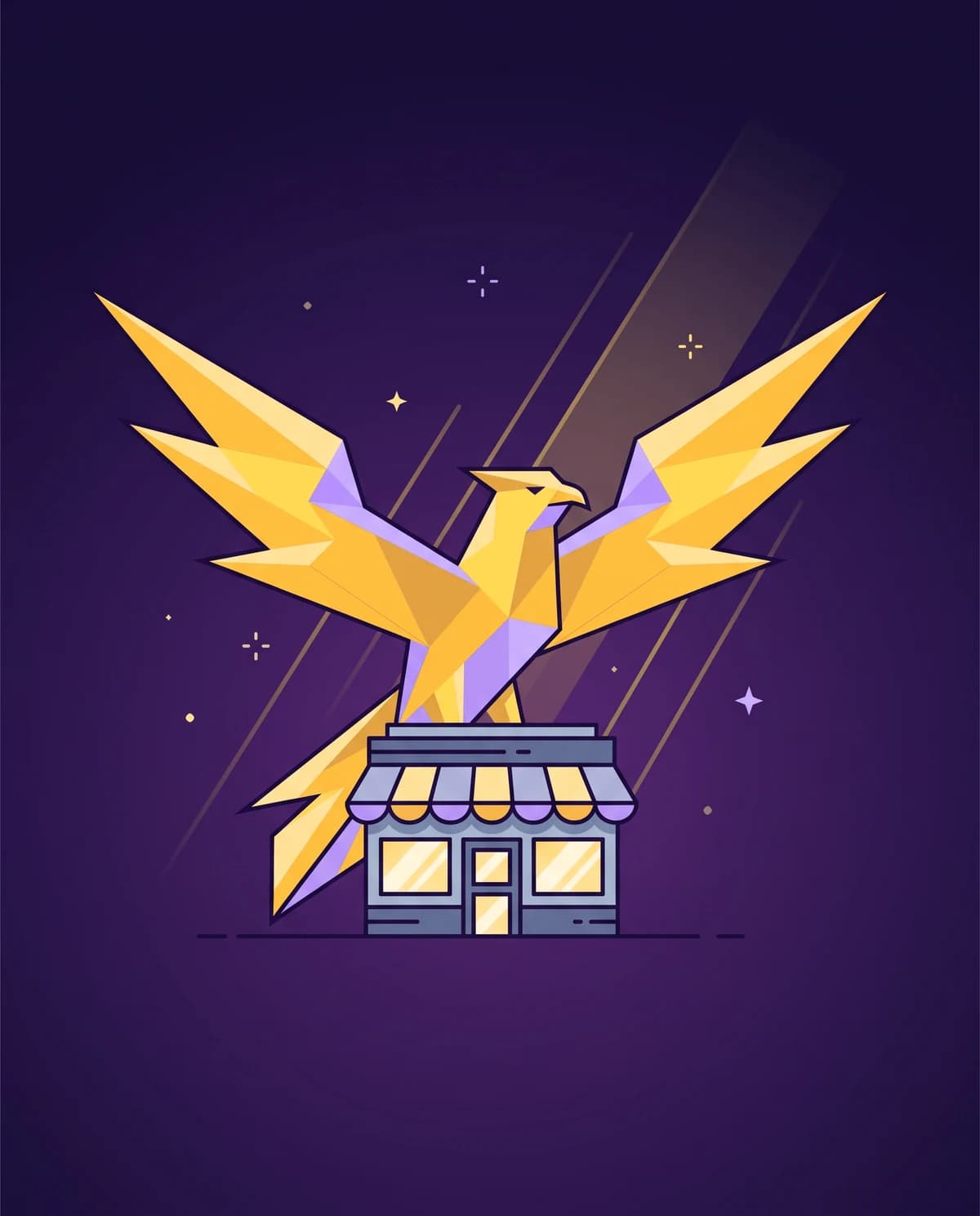 A golden lightning bird spreading its wings protectively over a small storefront