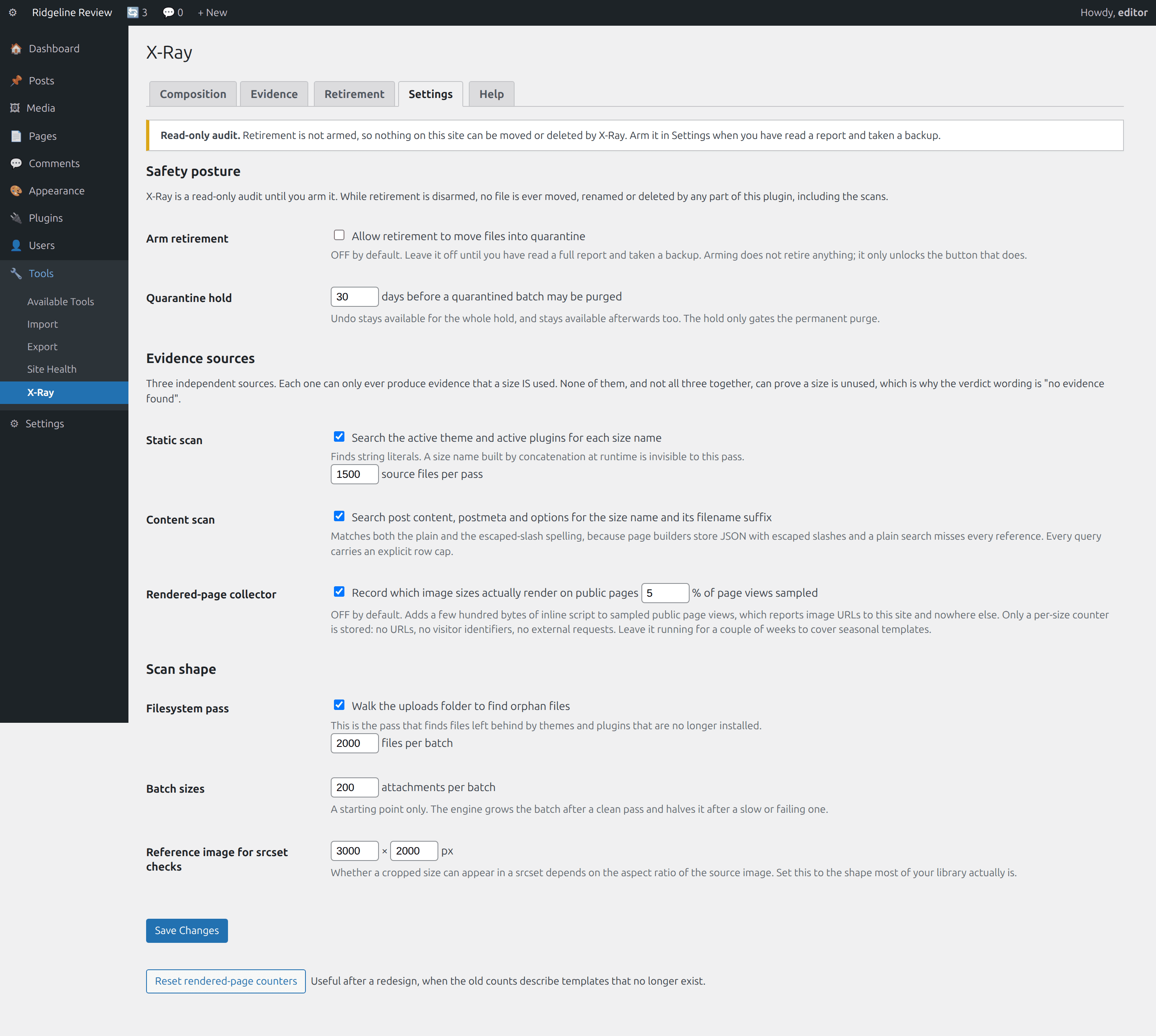 Settings, The arm switch, the hold window, the three evidence sources, the batch budgets.